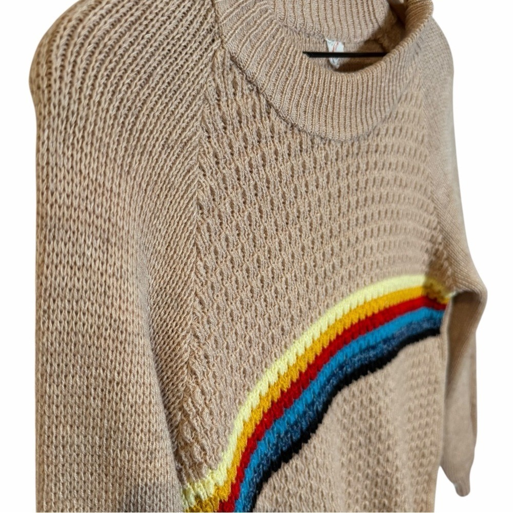 Vintage 90s Rainbow Stripe Knit Sweater Retro Y2K Fitted Crew Neck Neutral Cozy - Picture 3 of 9